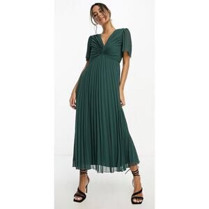 ASOS Pleated V Neck Flutter Sleeve Midi Maxi Dress Pine Green Womens Size 14 New
